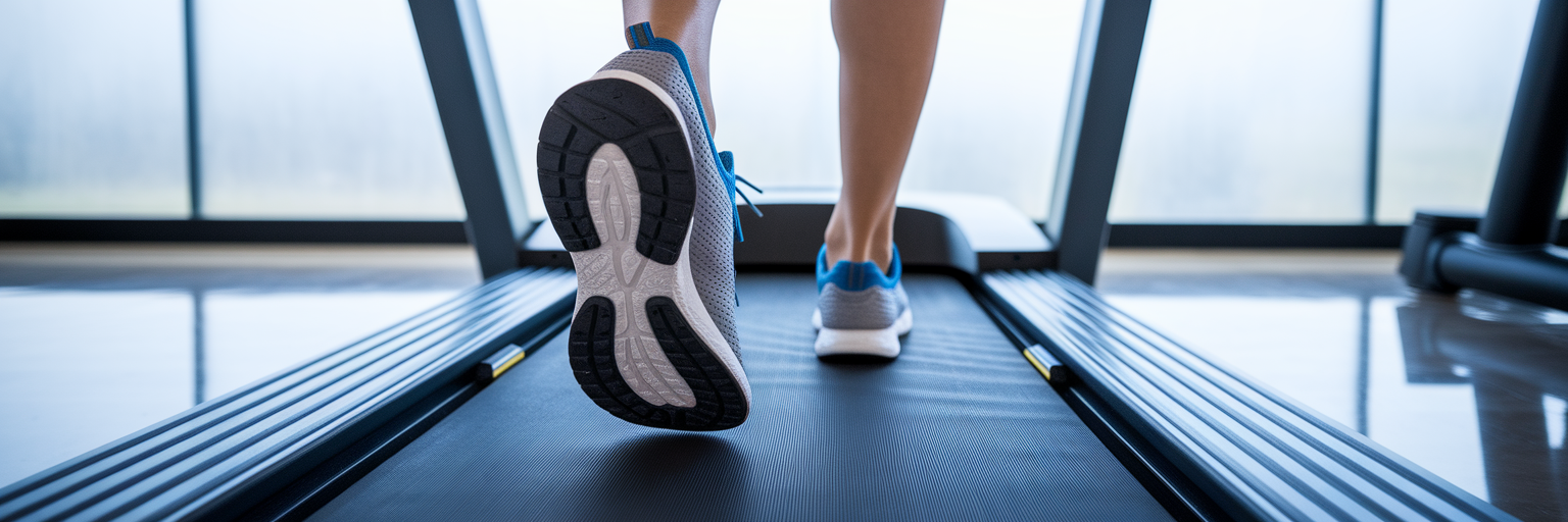 Close-up of running shoes in motion.