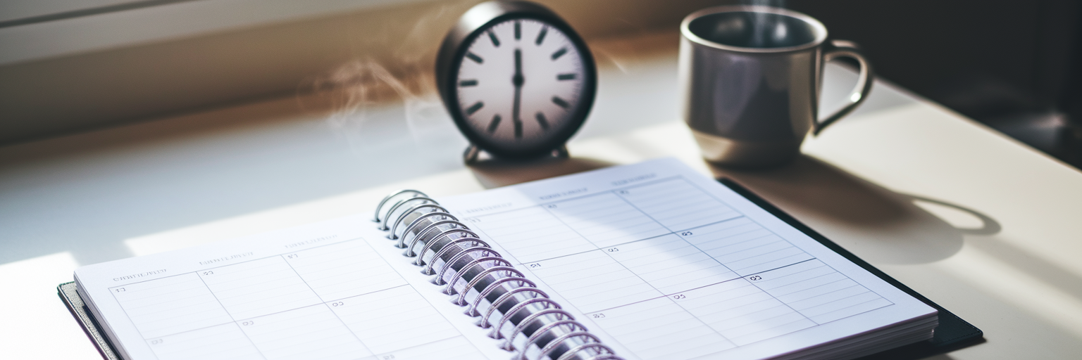 Desk planner showing time blocking schedule.