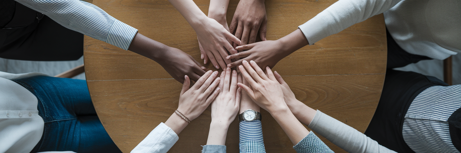 Diverse hands collaborating over table