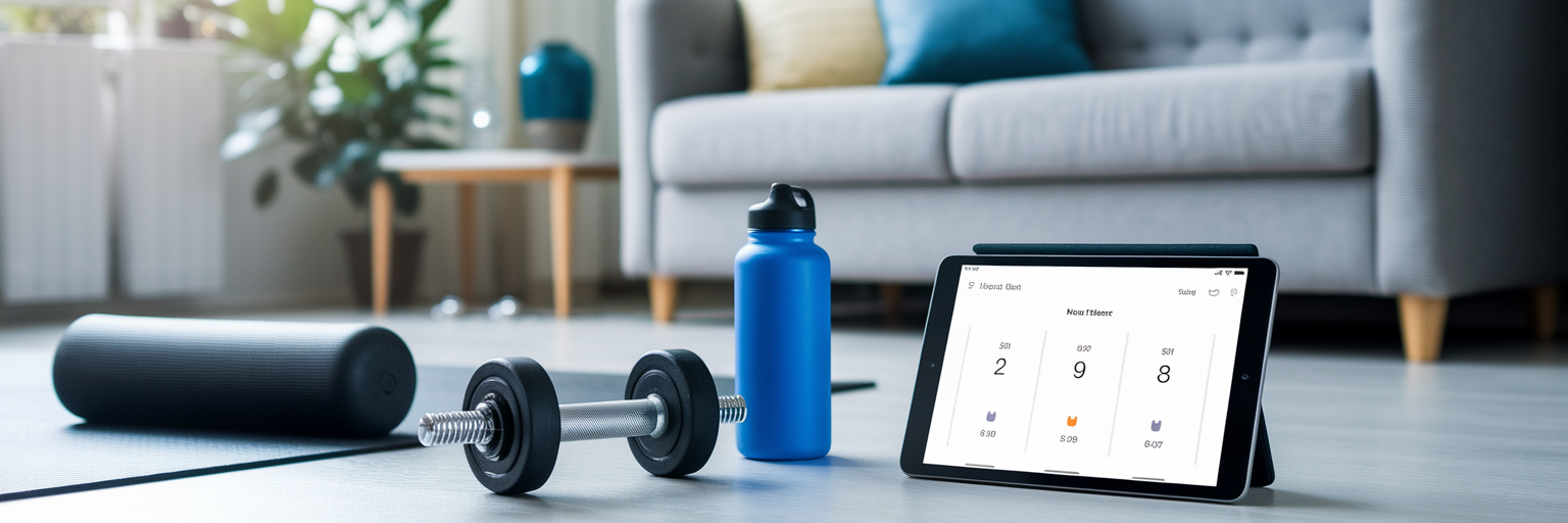 Home gym equipment with tablet timer.
