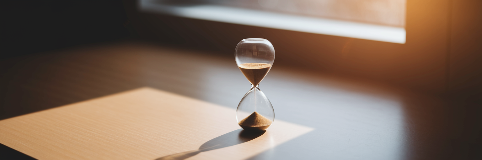 Hourglass sand flowing on desk