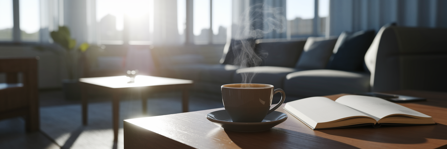 Peaceful morning scene with coffee and journal.Creating a Stress Free Morning Routine with Digital Tools