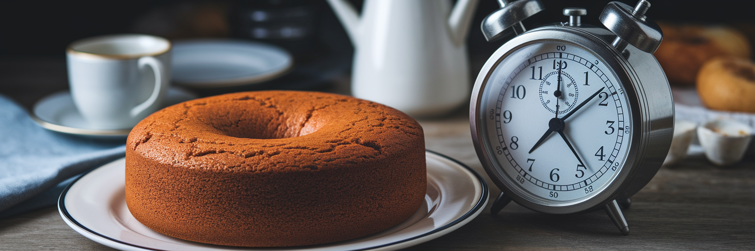 Overcooked cake beside kitchen timer