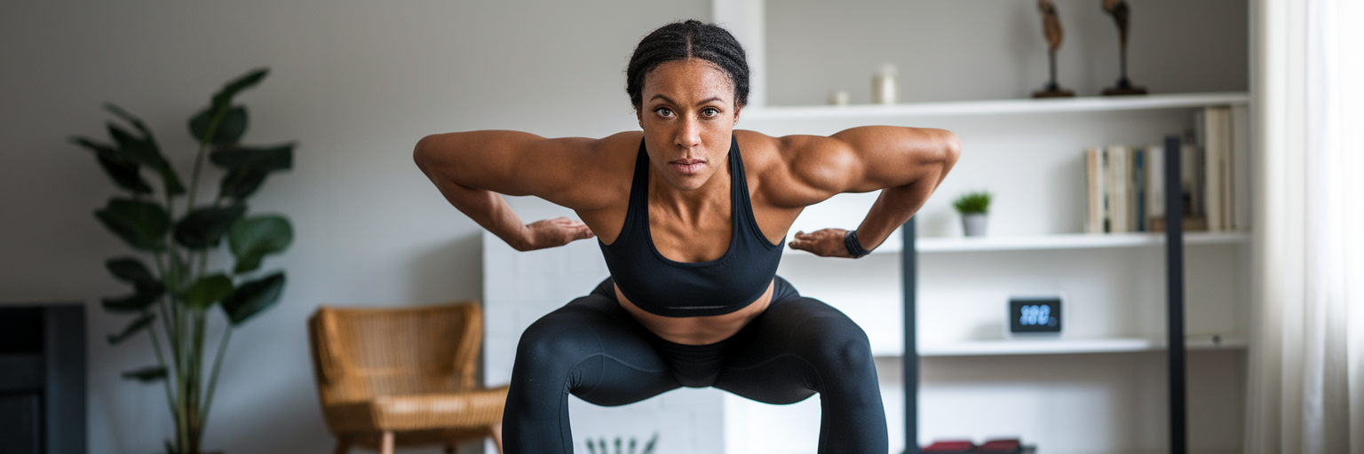 Person performing squat in home gym.