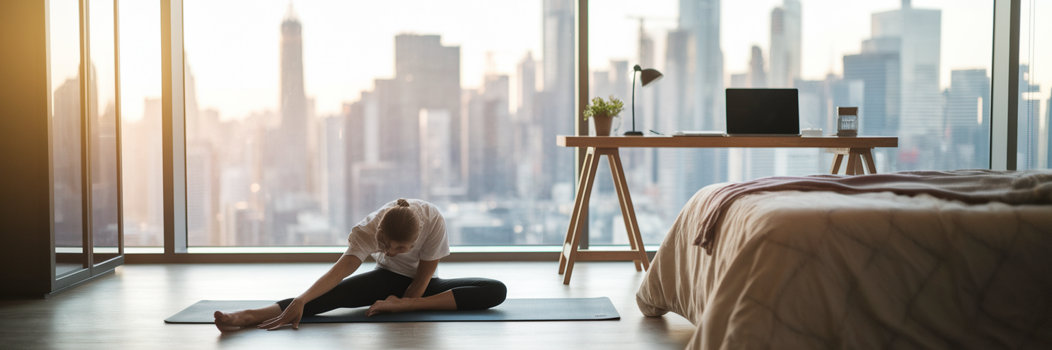 Person stretching in a calm morning bedroom.