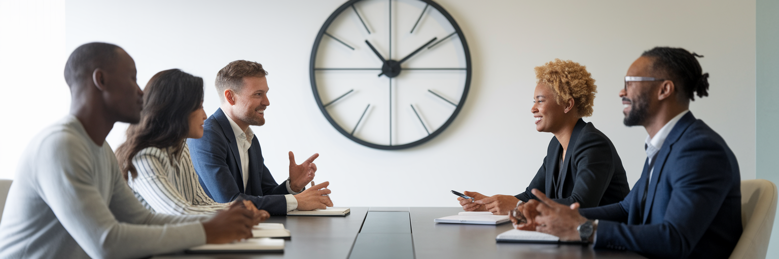 Productive team meeting with clock