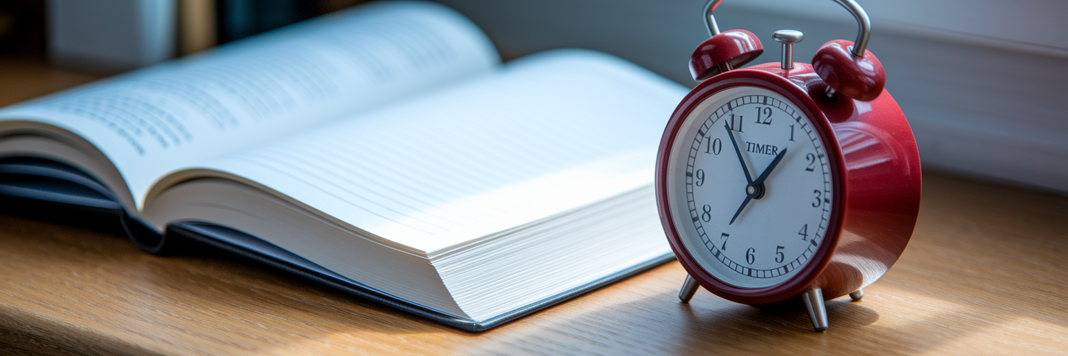 Red kitchen timer beside textbook
