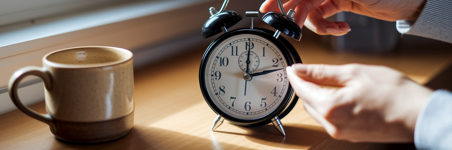 Setting traditional alarm clock beside coffee.