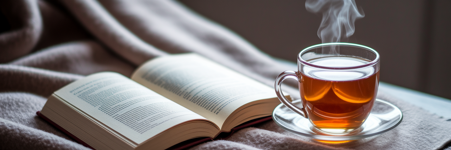Steaming tea cup beside book blanket