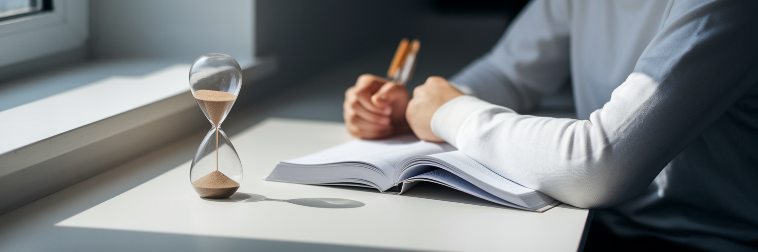 Student studying with hourglass timer