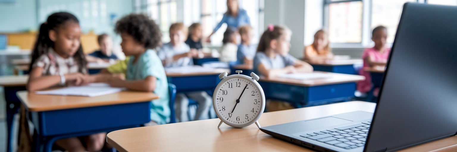 Teacher's desk with timer in classroom.